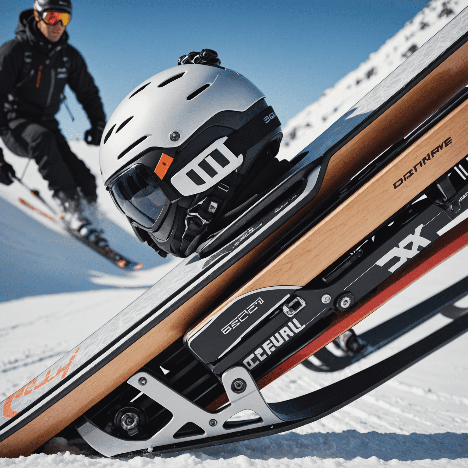 Close-up of high-tech ski equipment, showing advanced materials and design features