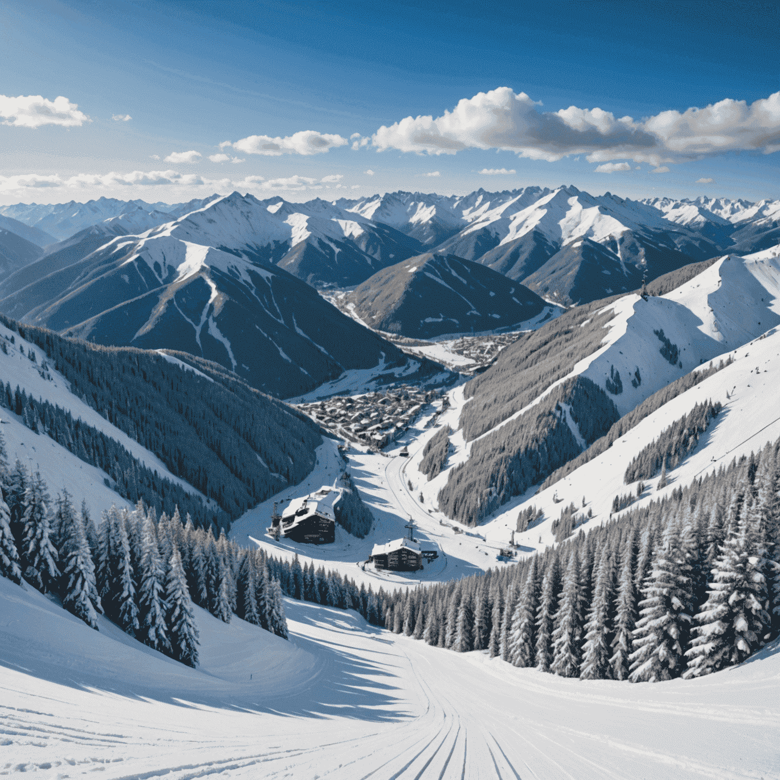 Panoramic view of a snowy mountain range with ski lifts and well-groomed slopes, showcasing the top ski resort of the season