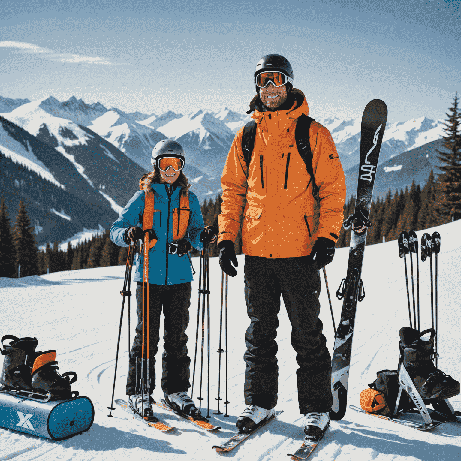 A beginner skier standing next to various ski and snowboard equipment, looking slightly overwhelmed but excited