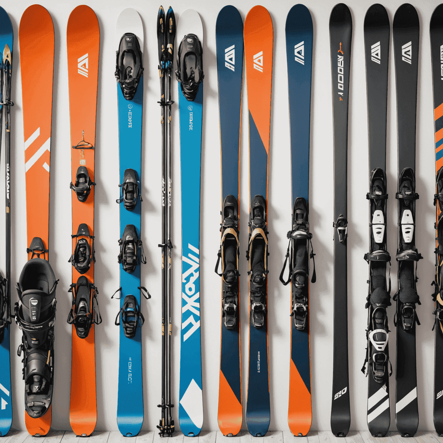 Various ski equipment including skis, poles, and boots arranged neatly