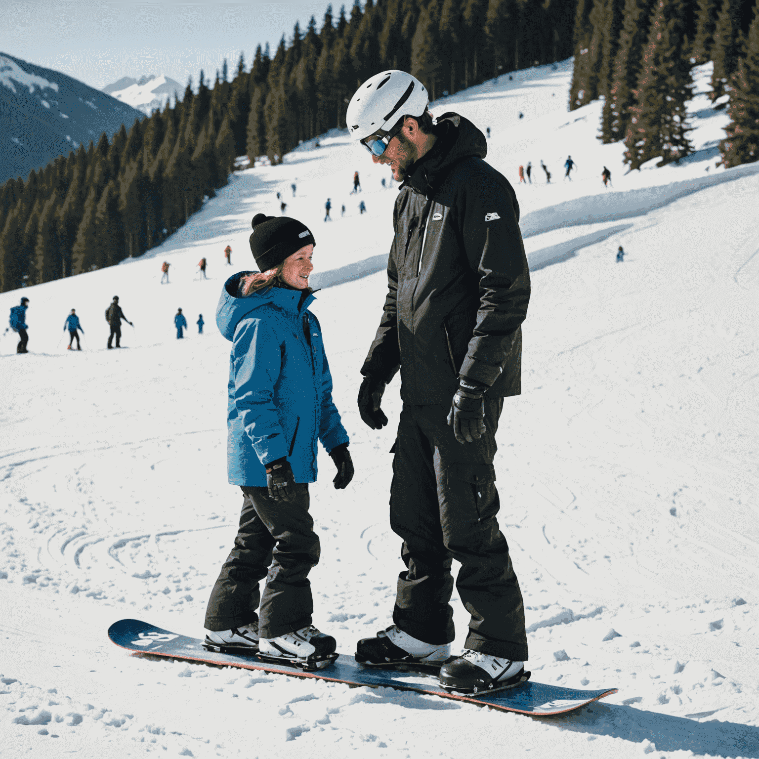 A snowboard instructor giving a one-on-one lesson to a beginner on a snowy slope, demonstrating proper stance and technique