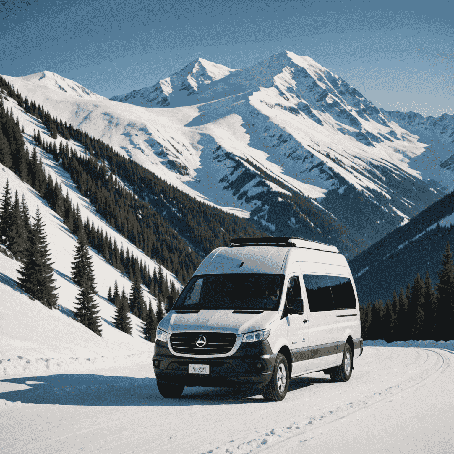 A luxurious shuttle van with Slope Actions branding, parked in front of a snowy mountain backdrop. The vehicle looks spacious and well-equipped for transporting skiers and snowboarders.