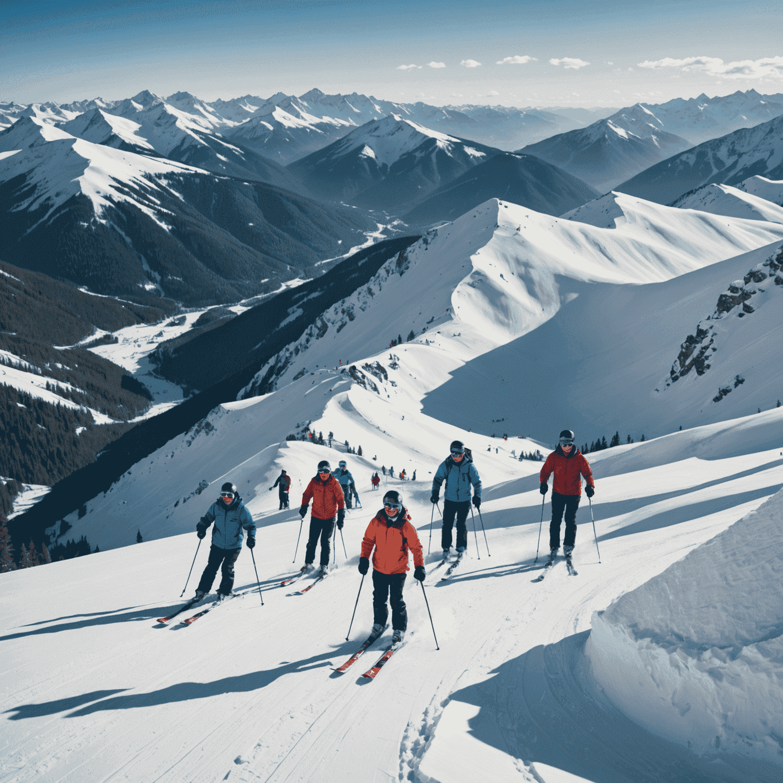 A group of skiers on a snowy mountain slope, with an insurance policy overlay