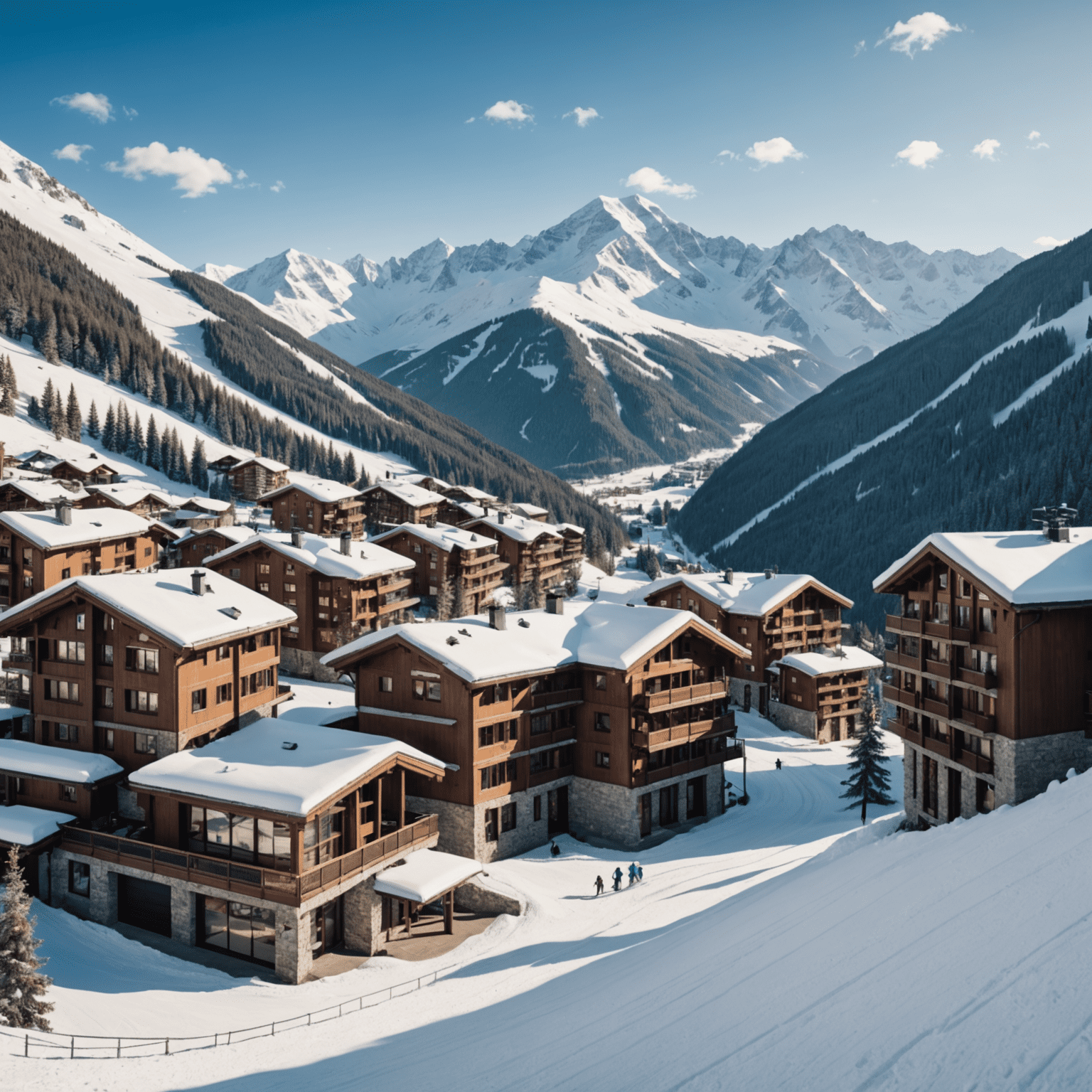 Panoramic view of a stunning ski resort with snow-capped mountains and modern lifts