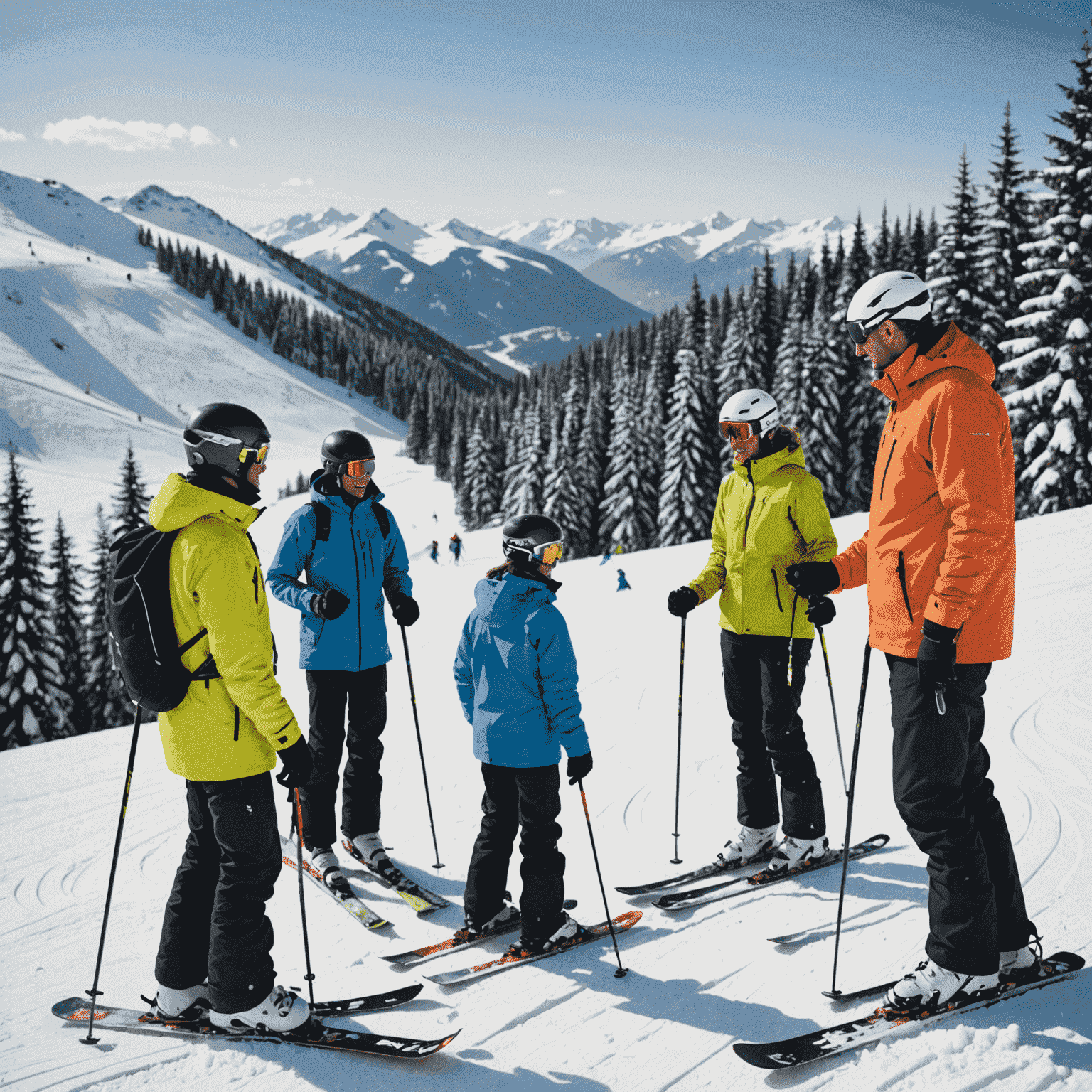 Ski instructor teaching a group of beginners on a snowy slope