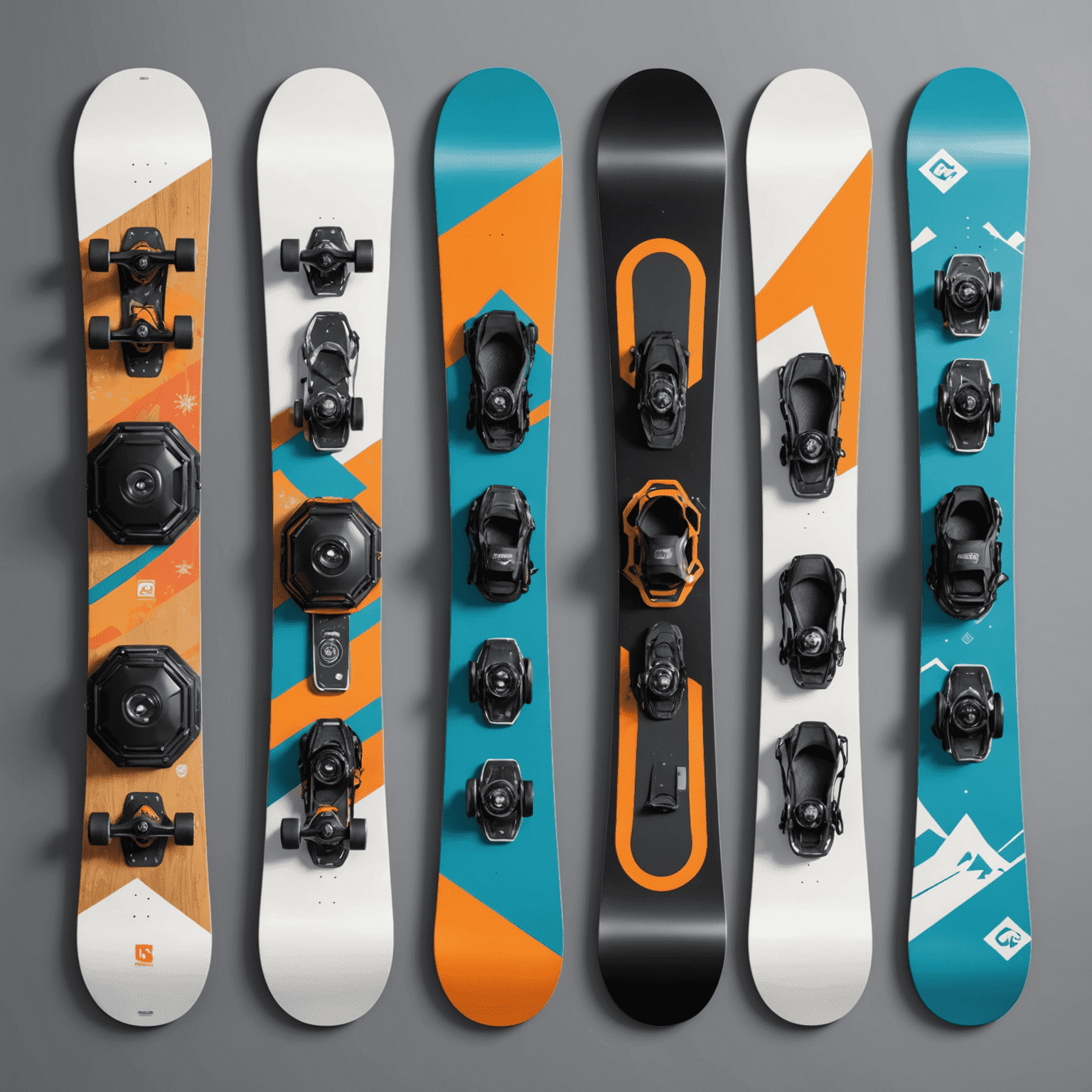 Snowboards of different sizes and designs with bindings and boots