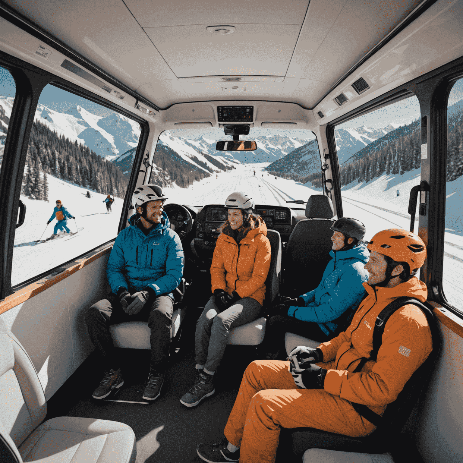 The interior of a Slope Actions transfer vehicle, showing comfortable seating, ski and snowboard racks, and passengers enjoying the ride. The image conveys a sense of warmth and comfort, with happy skiers chatting and relaxing during their journey to the slopes.