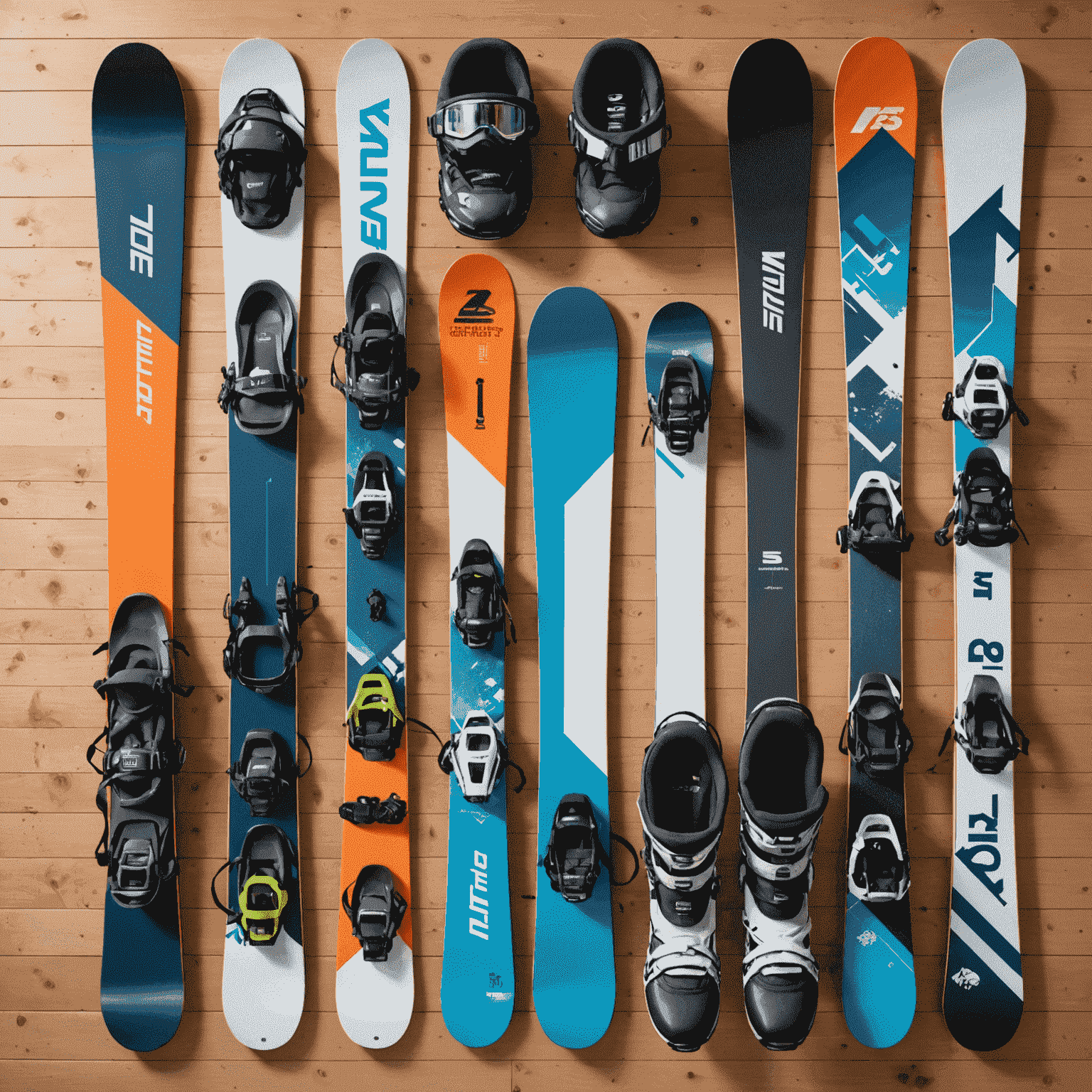 Various ski and snowboard equipment laid out neatly, labeled for beginners