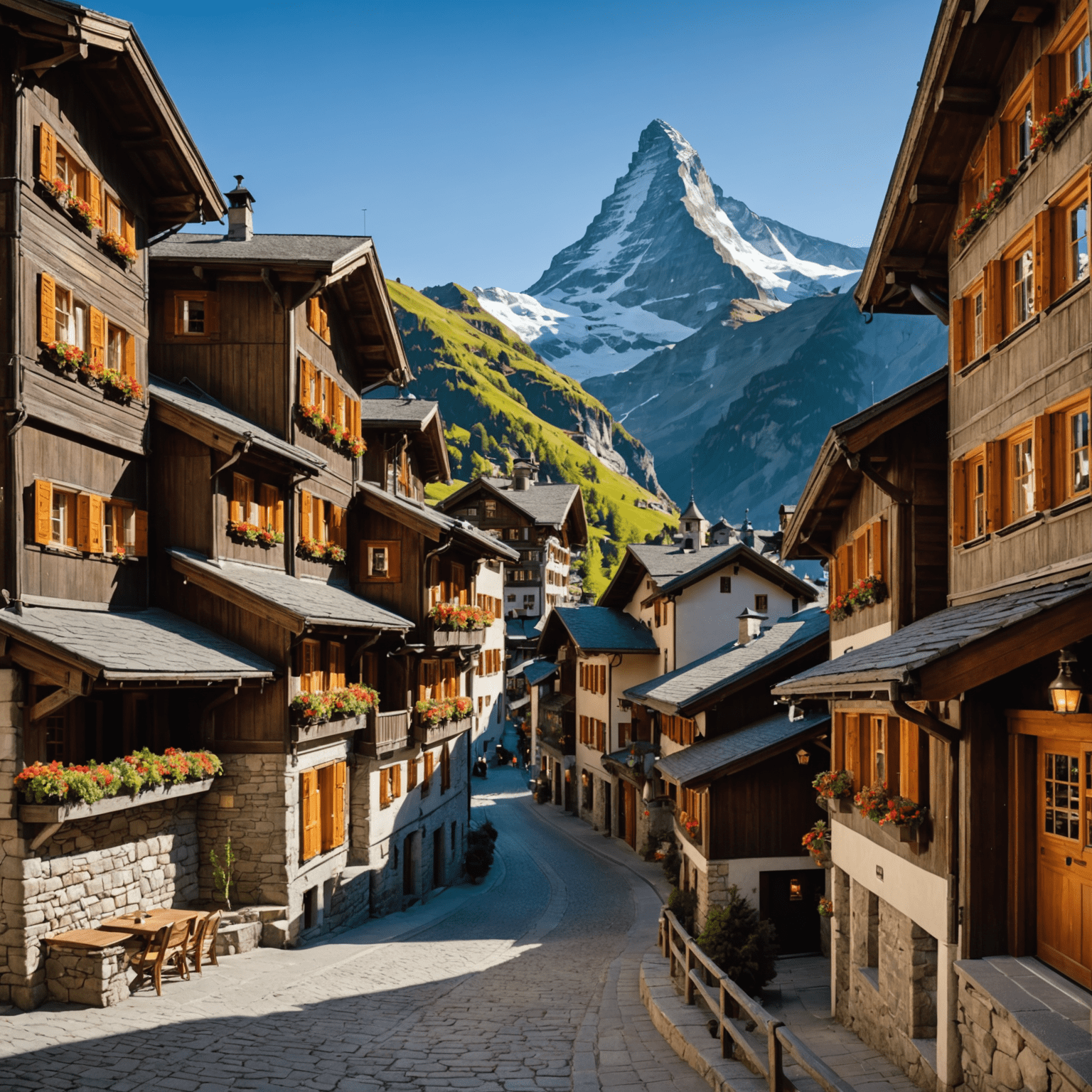 Picturesque view of Zermatt village with the iconic Matterhorn in the background