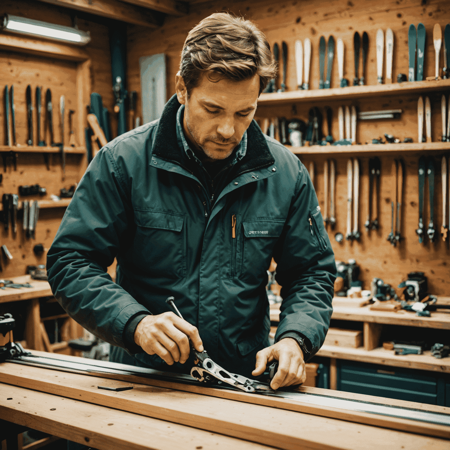 Technician repairing and tuning a pair of skis in a workshop