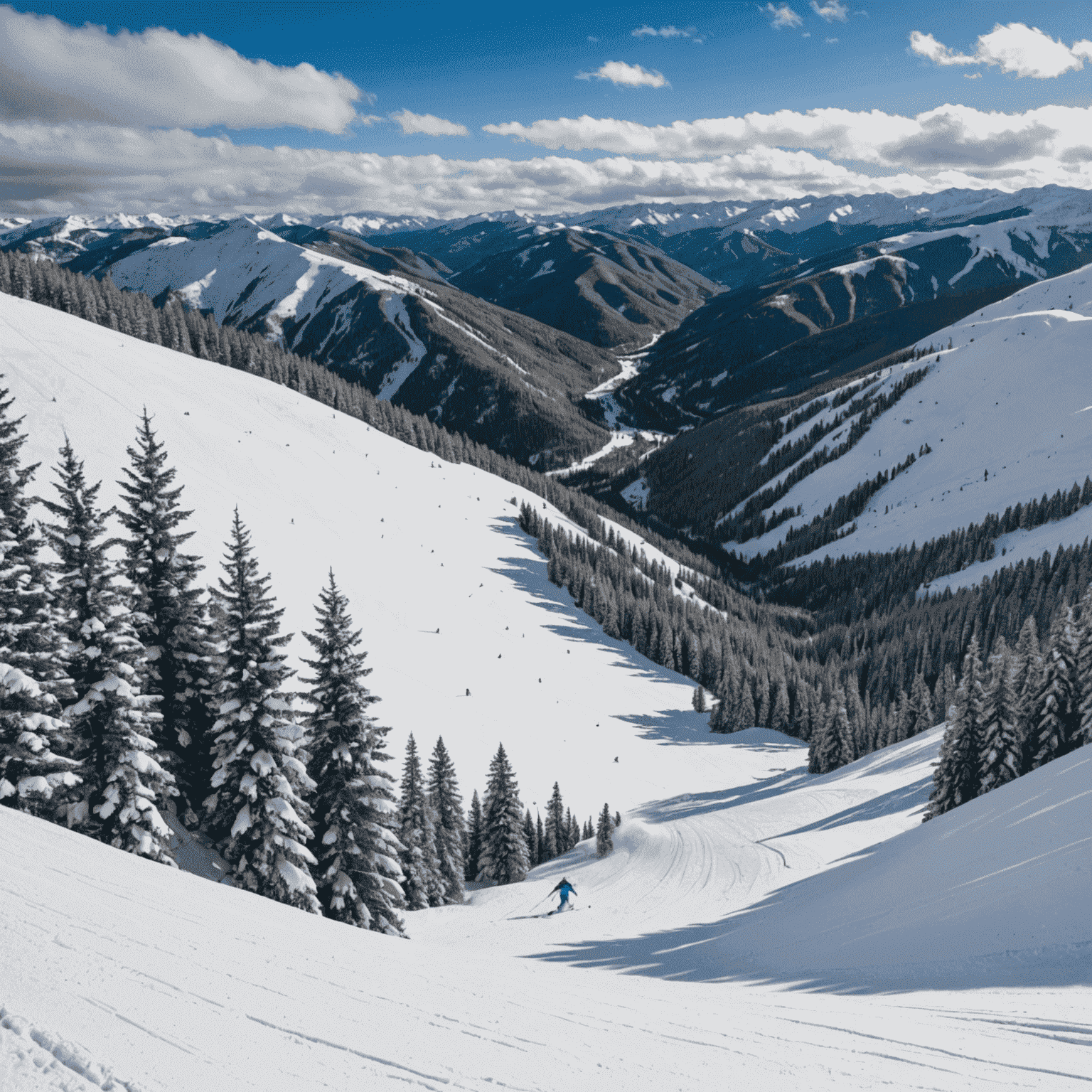 Expansive view of Vail's Back Bowls with skiers carving through fresh powder