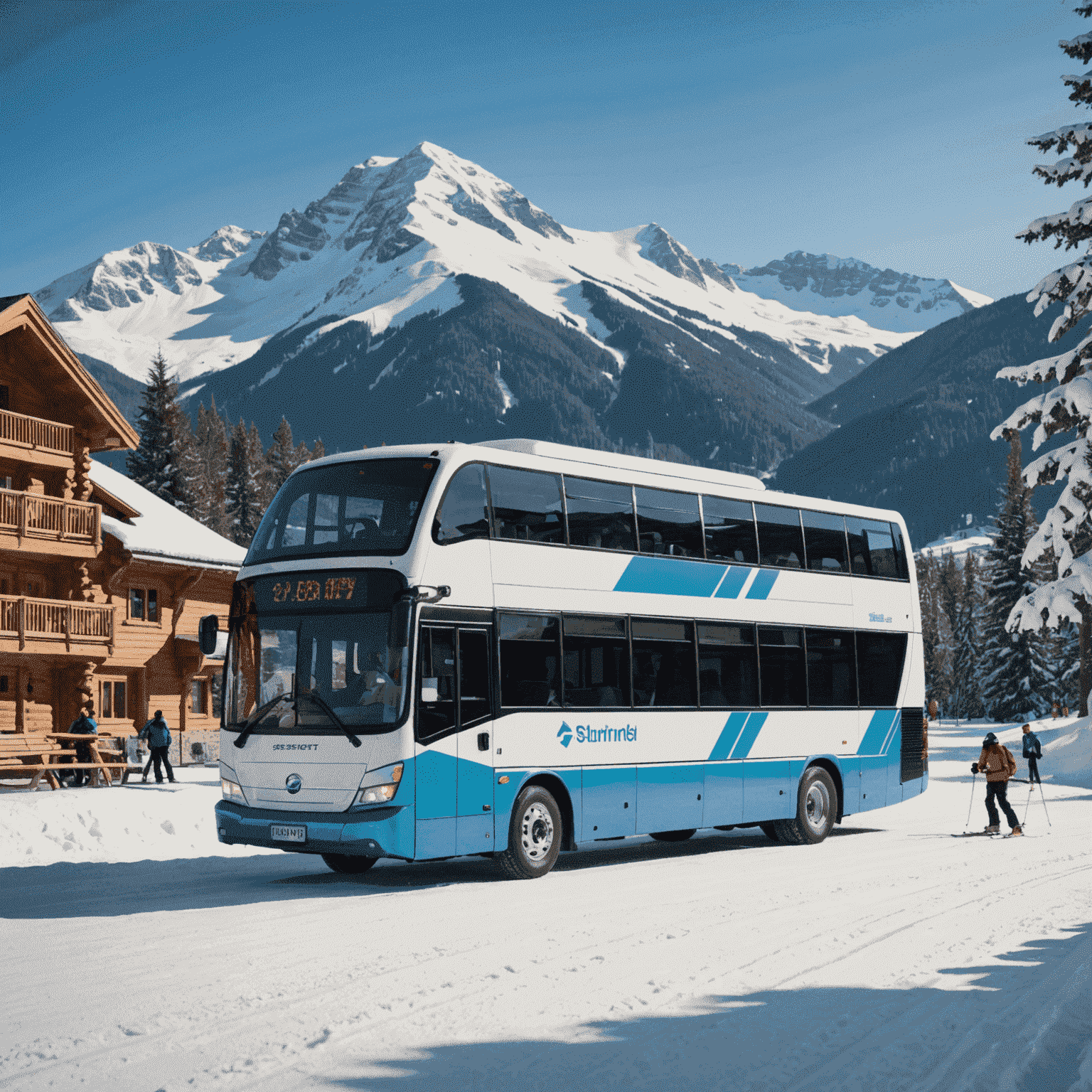 Comfortable shuttle bus transporting skiers to a mountain resort