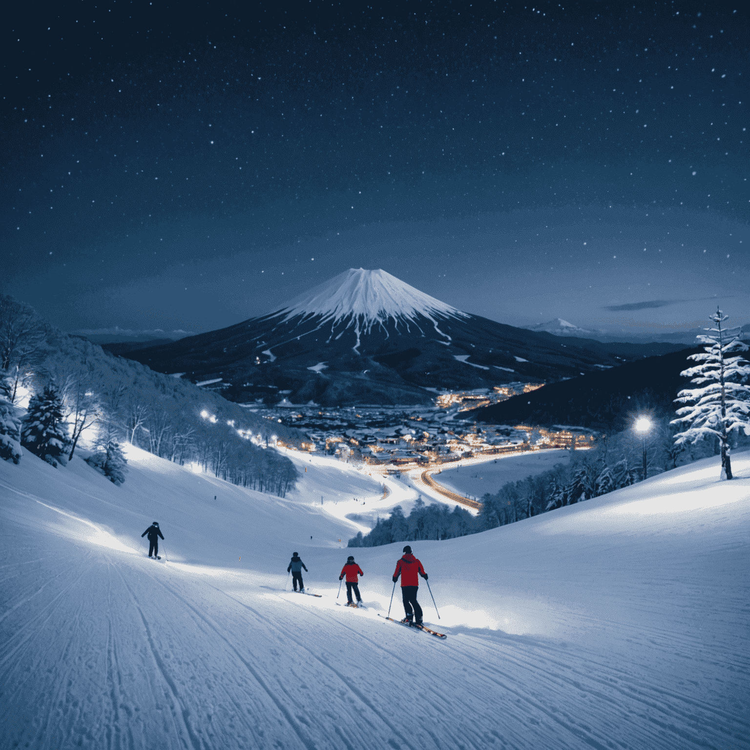 Night skiing scene at Niseko with illuminated slopes and falling snow