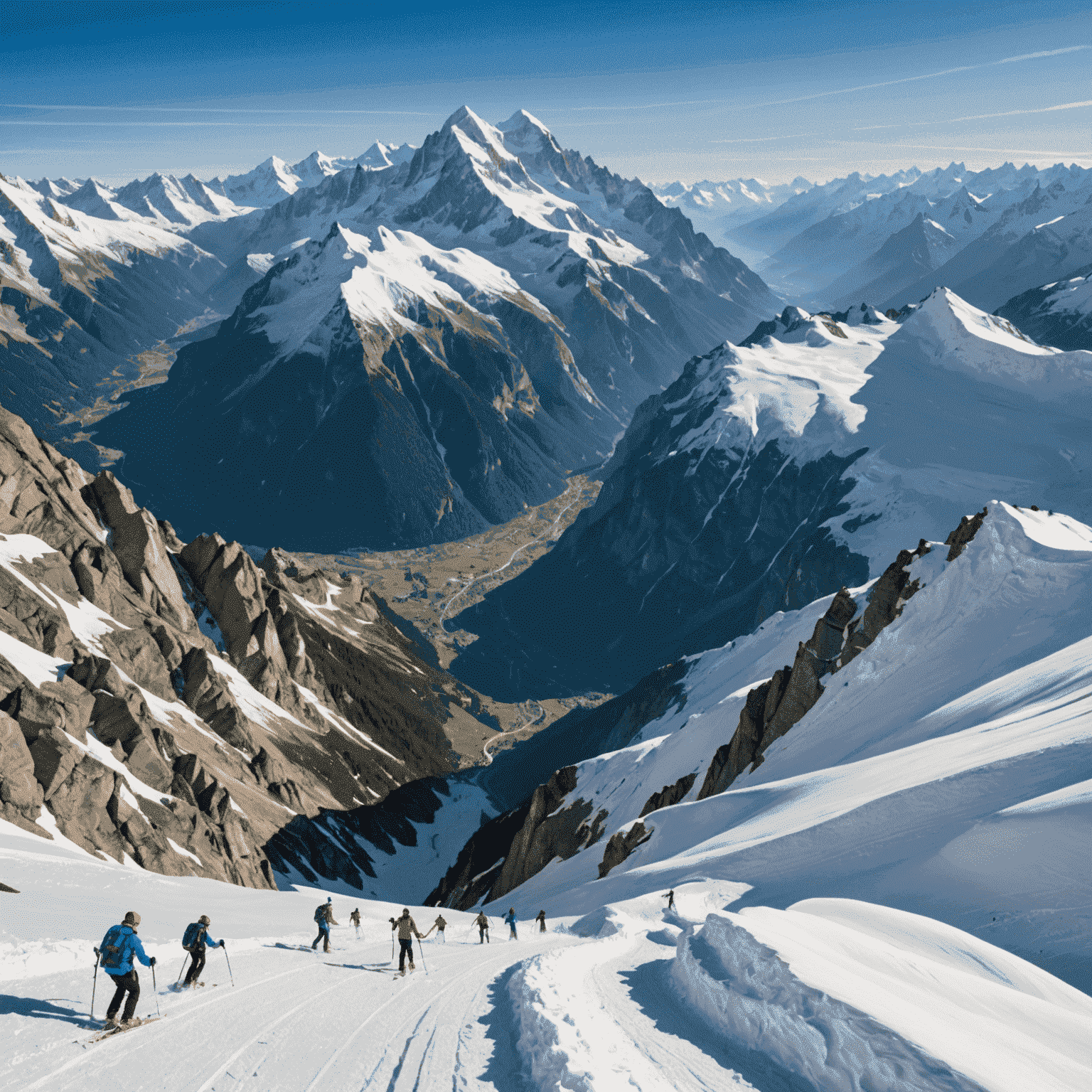 Breathtaking view of Mont Blanc and Chamonix valley with skiers on a challenging run